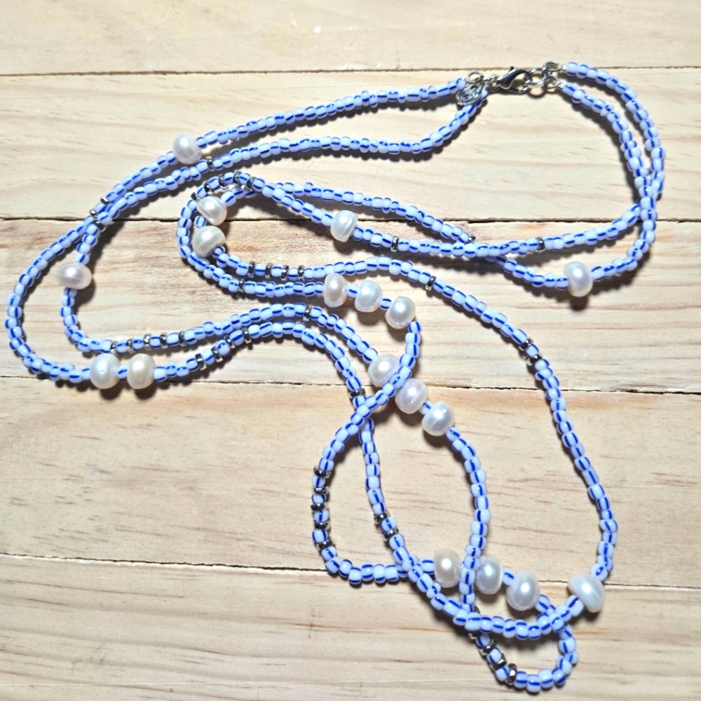 Talbots Light Blue Glass Beaded Necklace with Fresh water Pearls 2 Strand 34"
